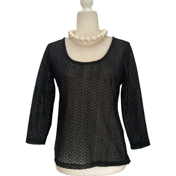 Reiss Lennox Top Scoop Neck Semi Sheer Herringbone Pattern in Black - Picture 1 of 8